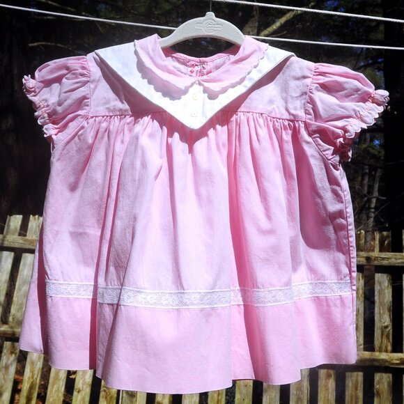 VTG Baby Girls Pink Cotton Party Dress w/ Decorative Collar by 'Easy Fit' 12M